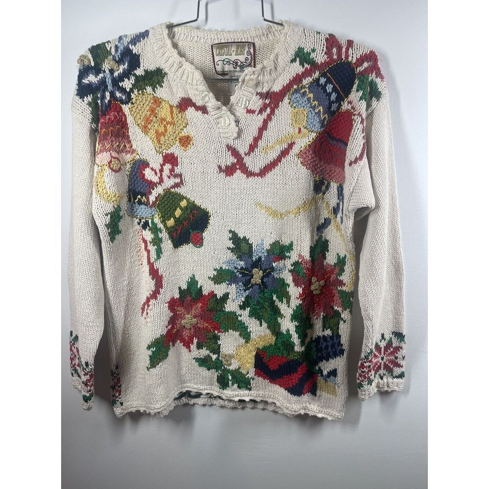 Vintage Crystal-Kobe Ugly Christmas Sweater Chunky Colorful Knit 3 Button Medium